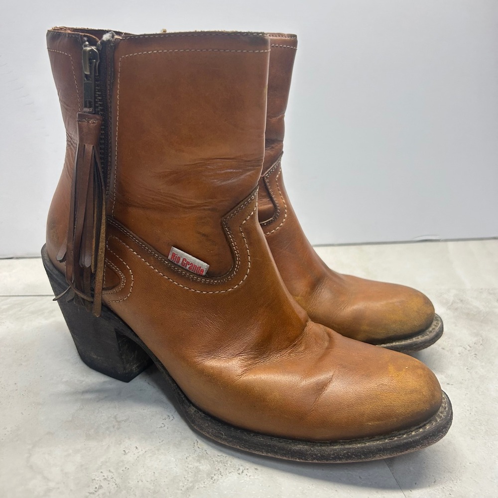 Rio Grande Western Ankle Boots Tan Leather Women Size 7 Tassel Zip Block Heel